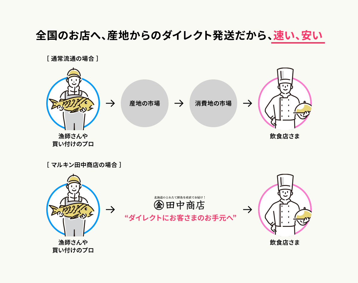 常時出荷商品は、魚を確実に確保できる在庫型の安定出荷商品です。お客様の必要なタイミングにあわせた出荷が可能です。出荷直前神経抜き活〆鮮魚は、高機能水槽で一時保管した活魚を神経抜き活〆（出荷直前の脳締め、神経抜き、血抜き）にして出荷する生鮮魚です。低温の滅菌水槽で一時保管された魚は、身が締まり、傷みのもとになる胃の内容物も排出するため、状態の良い魚に仕上がります。冷蔵冷凍保管鮮魚は、冷蔵、冷凍保管している鮮魚です。獲れる時期と食べたい時期に差のある魚種が主となります。品質は一般流通している魚と変わりません。